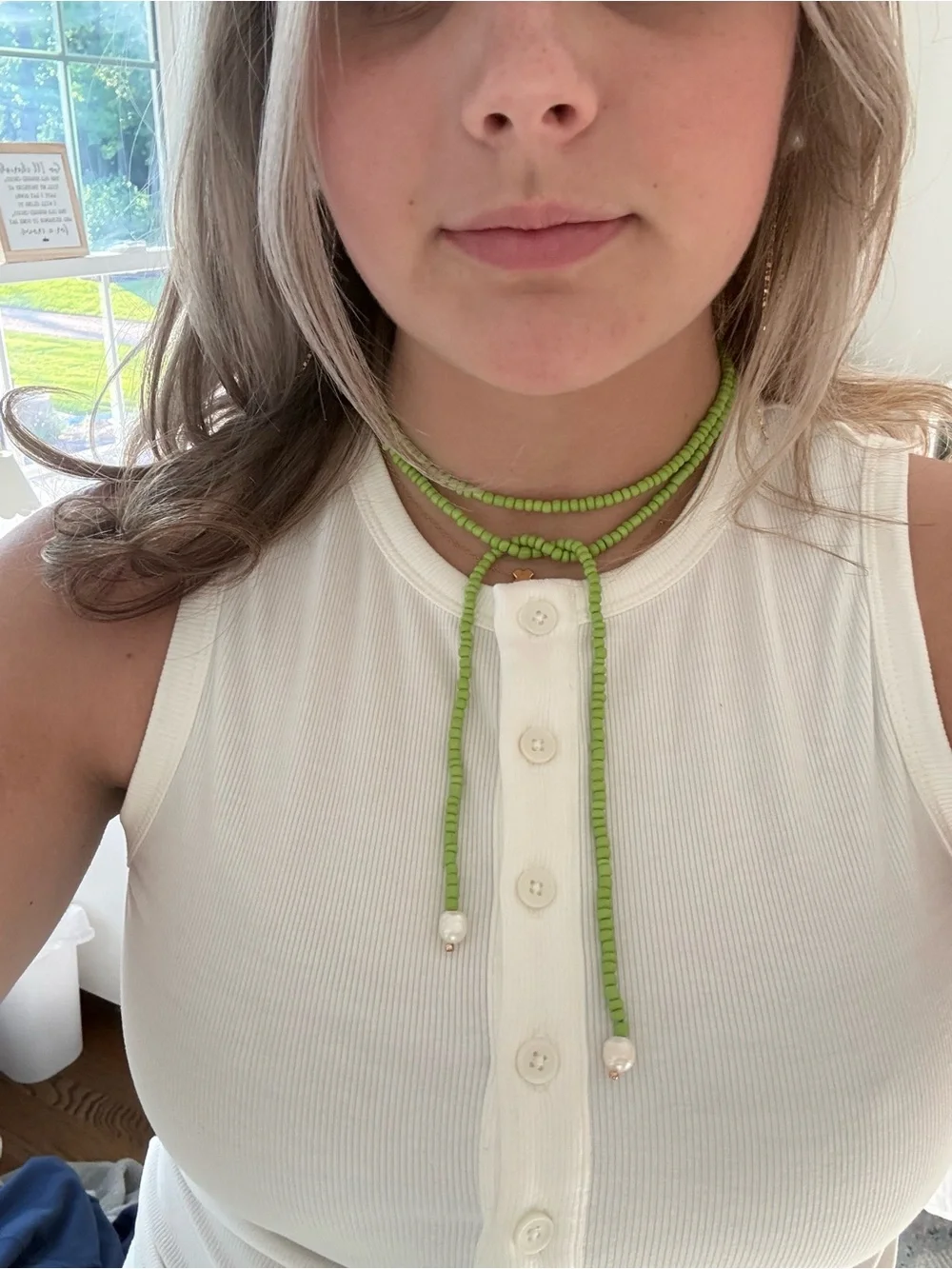 Green Beaded Lariat Necklace with Pearl Drops - Picture 2 of 4